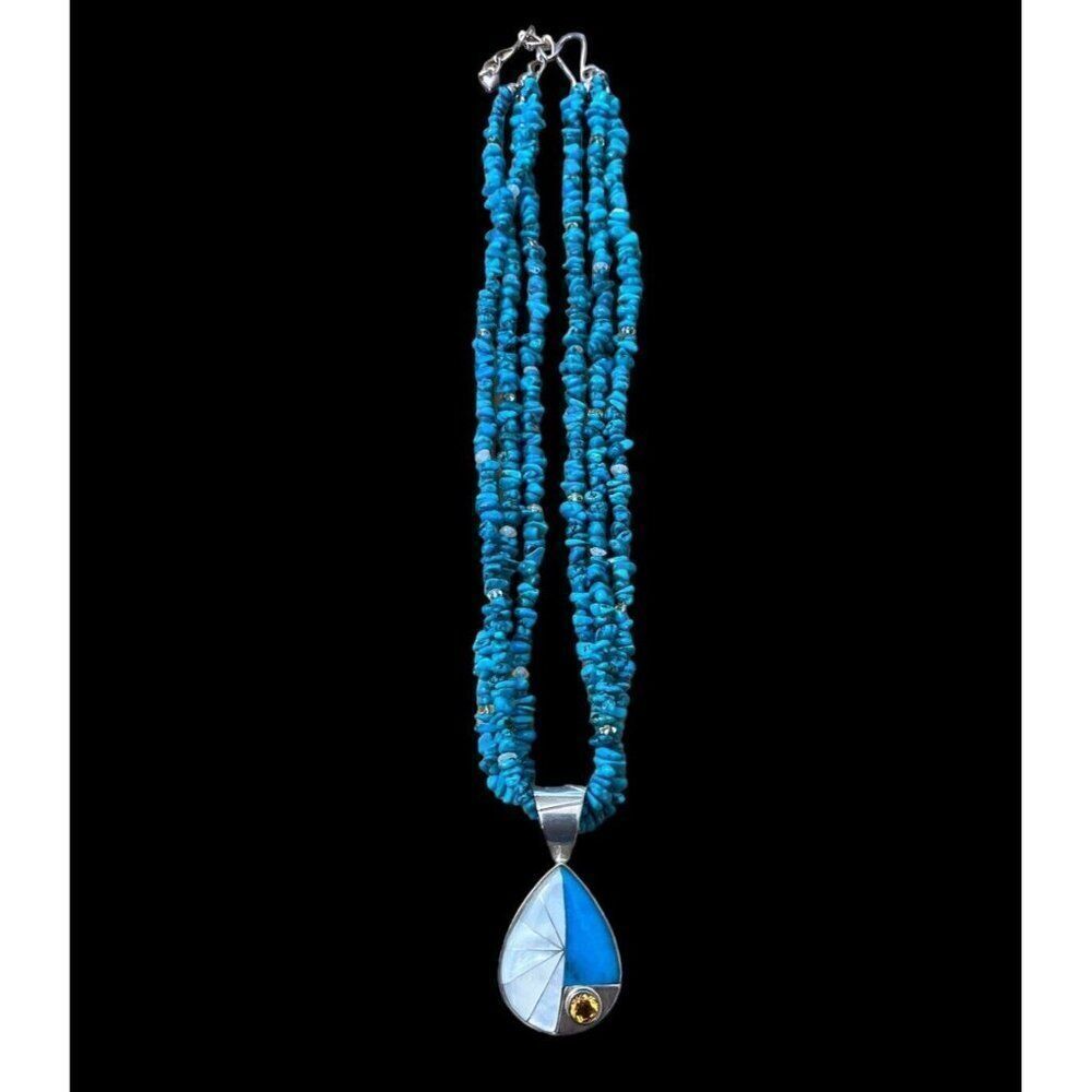 JAY KING Sterling Silver 3 Strand Turquoise Necklace Teardrop Pendant MOP Amber